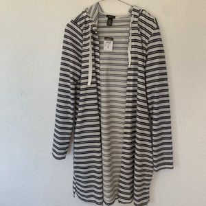 Dark Navy Blue and White Stripped Cardigan with hood